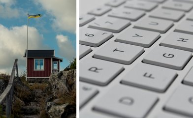 Svensk flagga vid ett hus och tangentbord